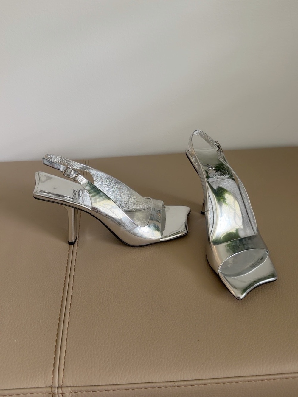 Jeffrey Campbell Silver Metallic Square Toe Slingback Heels